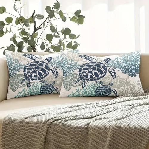 Miuyunya Kissenbezüge Maritim 50 X 30 Outdoor Kissen Wasserfest Wohnzimmer Kissenhülle Petrol Grün 2er Set Polster Ozean Strand Dekorative Zierkissenbezüge für Sofa Frühling Dekokissen Moderne