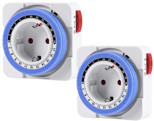Adiwo Mechanische Zeitschaltuhr, 2 Stück Analoge Zeitschaltuhr für Innenbereich, 15 min Schaltintervall 24h Format, IP20, max. 16A/3680W, für Weihnachtsdeko, Automatisches Schließen aktivieren