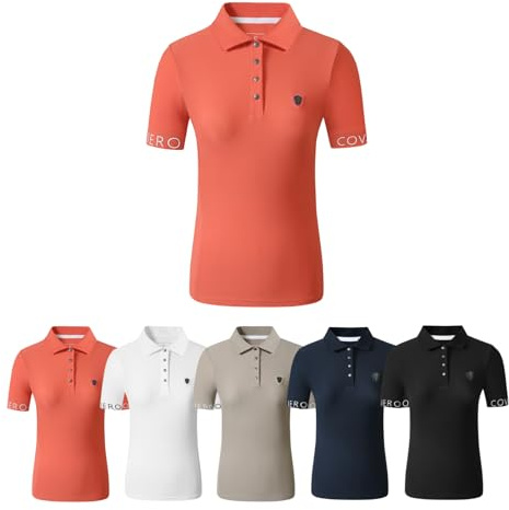 Covalliero - Damen Poloshirt – Sportliches Polo-Shirt mit Kragen – Kurzarm Sportshirt – atmungsaktives & leichtes Reitshirt – Reitbekleidung in Coral – Größe S