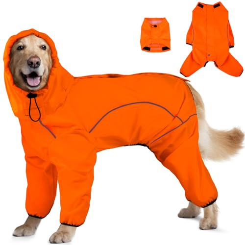 ADNIKIA Hunde-Regenmantel, wasserdichte Hunde-Regenjacke mit Abnehmbarer Kapuze, verstellbare 4 Beine, Haustierponcho mit Loch für die Leine, reflektierende Streifen, Kapuze, schneefest, Winddicht