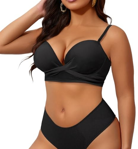 Sahunfri Bikini Oberteil Große Brüste Büstenhalter Push-Up Tiefer V-Ausschnitt Rückenfreiheit (DE/NL/SE/PL, Alphanumerisch, 3XL, Regular, Regular, Standard, Schwarz)