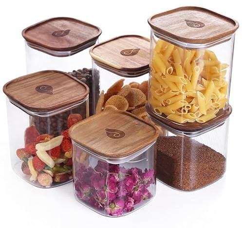 DropD'olio 6-teiliges stapelbares Aufbewahrungsglas-Set mit Holzdeckeln – Stilvolles & sicheres Verstauen leicht gemacht