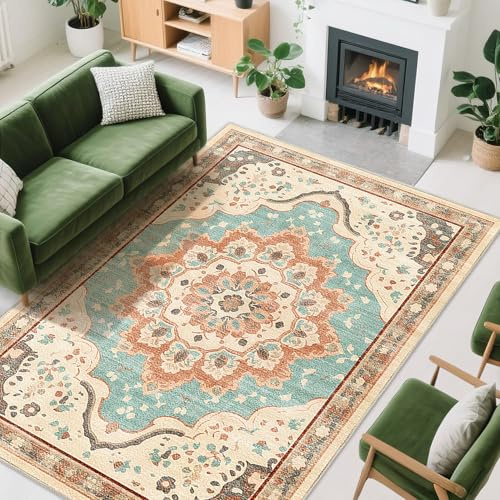 Rururug Rugs Large 140x200 Faux Wool Rug - Washable Vintage Boho Carpet for Bedroom, Office, Hallway - Non-Slip Short Pile, Easy Clean