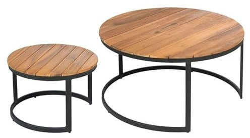 OUTLIV. Loungetisch Blair Rundtisch 2-teilig Stahl Akazie wetterfest platzsparend Natur Schwarz Ø80x45 und Ø45x33cm