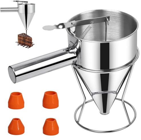 Distributeur de Pâte 1200 ml, Entonnoir a Piston, Entonnoir Cuisine Multi-Calibre en Acier Inoxydable, Support et 4 Buses Différentes, Distributeur de Pate pour Les Gâteaux, Crêpes, Pâte