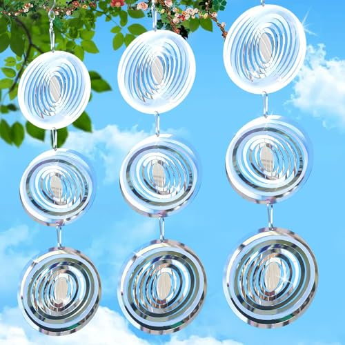 3er Set Runde Vogelabwehr Windspiele Reflektierende 3D Spiralen Aus Edelstahl Vogelschreck Windspiel Gegen Tauben, Spatzen & Vögel Wetterfest & Langlebig Dekorativ Für Balkon, Garten & Terrasse