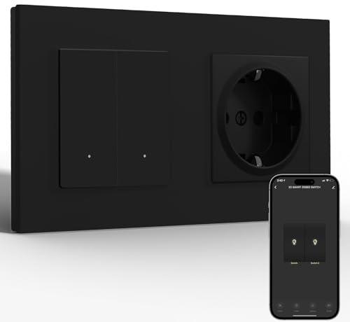 BSEED Enchufe Estándar con Smart Interruptor 2 Gang 1 Vía(Requiere Cable Neutro), WiFi Interruptor Pulsador Empotrado Marco de PC Compatible con Alexa y Google Home, Negro