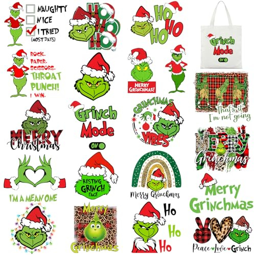 HTVSTD 20 Sheets Leopard Grinch Christmas Iron on Transfers DTF Transfers Ready to Press Christmas Iron on Decals for T-Shirts Patterned Decals for DIY Patches