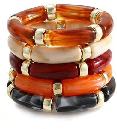 iF YOU 5pcs Chunky Acrylic Bangle Bracelets for Women, Resin Bamboo Bead Stretchy Bracelet Stack, Fashion Jewelry for Women (5pcs-orange & red & brown bangles)