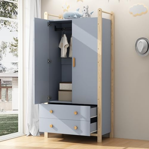 Armario de 2 puertas, armario con barra para colgar, 2 cajones, para dormitorio, salón, pasillo, armario de madera aglomerada, cuerpo azul + marco de pino, 90 × 45 × 180 cm