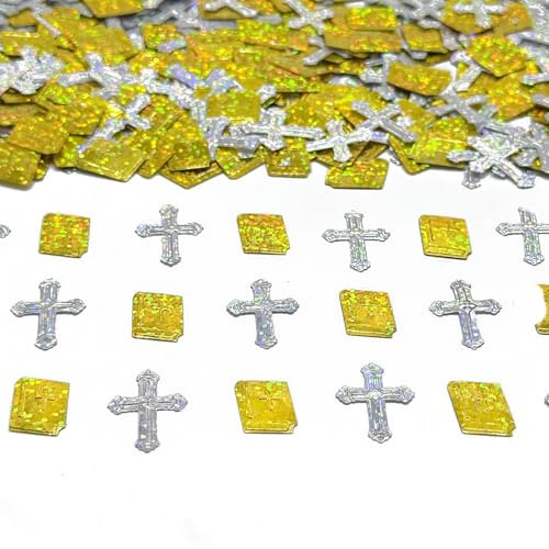 Amrzsallez Silver Cross & Gold Bible Confetti Decorations Metallic Foil Religious Table Scatter, Christian Baptism Christening First Communion Party Supplies, Shiny Church Event Décor