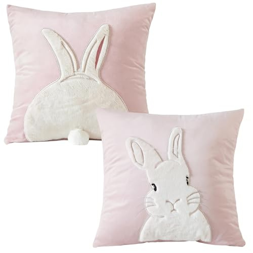 Set di 2 Federa per Cuscini Pasquali, 45 x 45 cm Federa per Cuscino con Morbida Ricamo a Forma di Coniglio, Federe Primaverili Decorative con Cerniera Liscia, per Divano, Letto, Soggiorno Decorazione