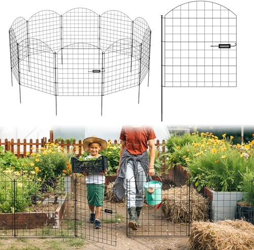 Mantigositeen Gartenzaun Schwarz Teichzaun,1 Tor+4 Teichzaun Steckzaun Metall mit Zaunelemente und Freigehege Gartenzaun Tiergehege (Oberbogen)