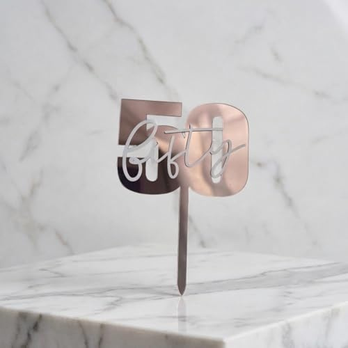 Elegant Rose Gold Acrylic Cake Topper for 50th Birthday - Food Safe Reusable Cake Decoration with 'Fifty' Design - Perfect for Women's Golden Anniversary Party