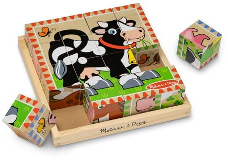 Melissa & Doug Farm Wooden Cube Puzzle With Storage Tray - 6 Puzzles in 1 (16 Blocks) Toddler Animal Puzzle - FSC Certified - FSC Certified