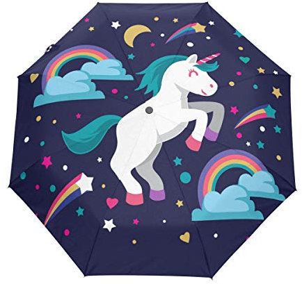 Regenbogen Stern Einhorn Regenschirm Auf-Zu Automatik UV-Schutz Taschenschirm Winddichter Umbrella Klein Leicht Schirm Kompakt Schirme für Jungen Mädchen Reise Strand Frauen