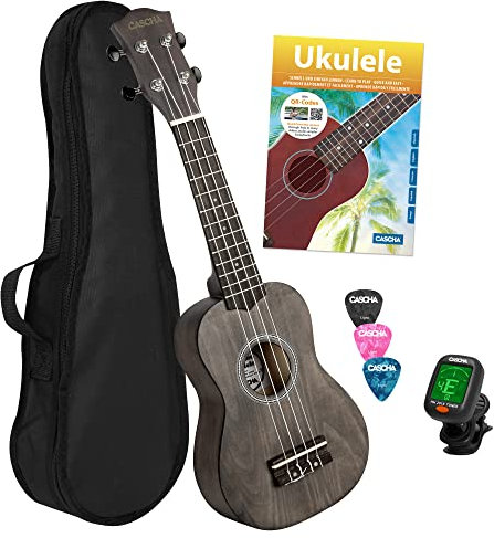 CASCHA Sopran Ukulele Set für Kinder und Erwachsene I Ukulele Starter Kit mit 3 Plektren Tasche Lehrbuch Lernvideos über QR-Code Stimmgerät I Set Aquila Saiten Nylon I Kleine Hawaii Gitarre Schwarz