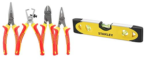 Stanley 4-84-489 Coffret de 4 Pinces Isolées 1000 V - Poignée Bi matière Certifié 1000V & 0-43-511 Niveau Torpédo Magnétique 230 Mm - Semelle Aluminium