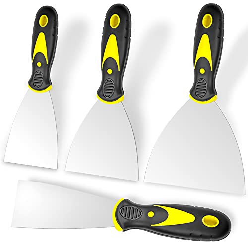 Putty Knife, 4Pcs Spackle Knife Set (2, 3, 4, 5 in), Stainless Steel Paint Scraper, Taping Knife Tool for Repairing Drywall, Removing Wallpaper, Applying Putty, Plaster, Cement, Adhesive