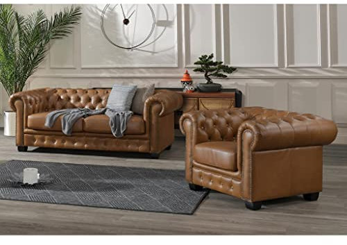 Vente-unique - Chesterfield-Sofa, 3 + 1-Sitzer, 100% Premium-BÅffelleder ? Vintage-Karamell