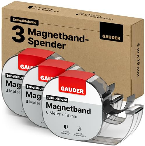 GAUDER Magnetband im Spender - Selbstklebender Magnetstreifen für leichte Gegenstände - Zuschneidbare Magnetbandrolle zum Befestigen von Postkarten & Fotos auf Metallflächen (3 Stück je 6 m x 19 mm)