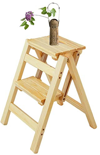 2-Stufen-Leiter aus Holz, zusammenklappbar mit 20 cm Breiten Stufen, rutschfesten Füßen, max. statische Belastung 150 kg, Aufbewahrungsregal für Haushalt, Büro, Pflanzentöpfe