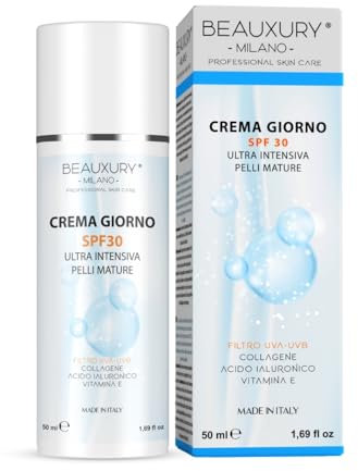 Beauxury Milano Crema Giorno SPF 30 AntiAge e Anti Rughe Con Acido Ialuronico, Ideale per Pelli Mature, Azione Idratante e Liftante con Protezione Solare da 50 ml
