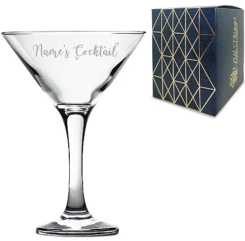 Personalised Engraved Petite Martini Cocktail Glass with Name's Cocktail Design, Personalise with Any Name for Any Occasion, Gift Box Included, Laser Engraved