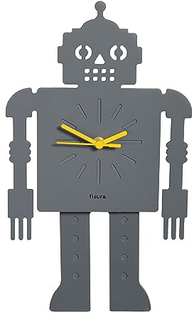 Fisura - Originelle Roboter-Wanduhr. Leise Wanduhr. Maße: 38 Zentimeter x 20 Zentimeter. Graue Küchenuhr. Pendeluhr aus Holz und ABS. Benötigt 2 AA-Batterien.