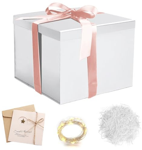 Geschenkbox mit Schleife,Geschenkbox mit Deckel,mit Grußkarten,Raffia Hamper Shreds,Led Lichterkette,für Weihnachten,Geburtstage,Jubiläen Geschenkverpackung Box,Faltbare,23x23x18cm