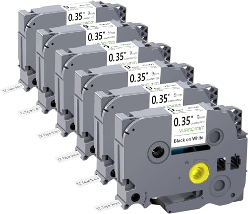 6x Yuanqimm TZe-221 TZe221 9mm Kompatibel mit Brother Ptouch Bänder 0,35 | TZ-221 TZ221 Schwarz auf Weiß Schriftband Kompatibel mit Brother PT-D400 PT-H100LB PT-H105 PT-D200 1000 H110 H101 H107B D210