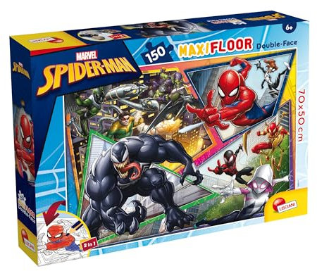 Lisciani - MARVEL SPIDERMAN - Puzzle Maxifloor Double-Sided - 150 Pieces - For Kids from 6 Years - 70x50cm - Large Puzzle of Superheroes Avengers Double-Sided to Colour - Stimulates Thinking