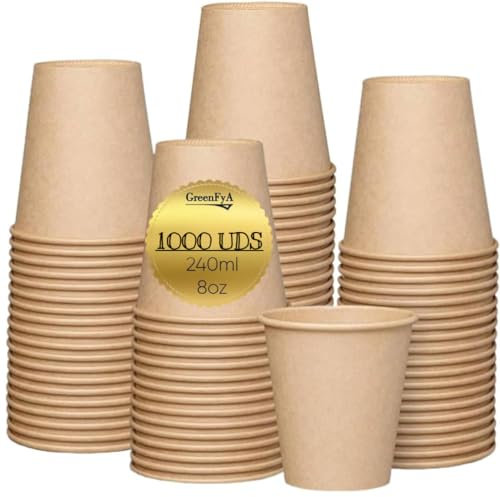 GreenFyA 1000 Vasos de Papel Desechables 240ml (8oz) Ecológicos – Blancos o Kraft – Para Café, Té, Agua, Bebidas Calientes y Frías – Uso en Oficina, Hostelería, Eventos, Catering y Takeaway