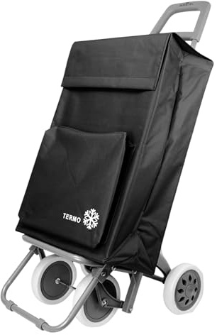 Carro de la Compra Plegable con Bolsa Térmica 4 Ruedas para Subir Escaleras, Carrito del Mercado, Bolsa Impermeable isotérmica de 46L litros. Porta Paraguas. (Negro)