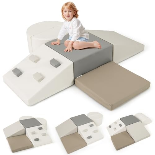 COSTWAY Toddler Climb and Crawl Foam Play Set, 6 Piece Educational Soft Climbing Blocks, Baby Soft Play Equipment for Climbing, Sliding, Crawling (Grey+White)
