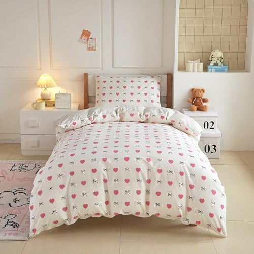 YASMENG Housse de Couette 100x135 Enfant Motif Cœurs et Nœuds Parure de Lit Enfant 100% Coton Réversible Linge de Lit Cartoon Animaux Enfants Fille avec Fermeture Éclair avec Taie d'oreiller 40x60 cm