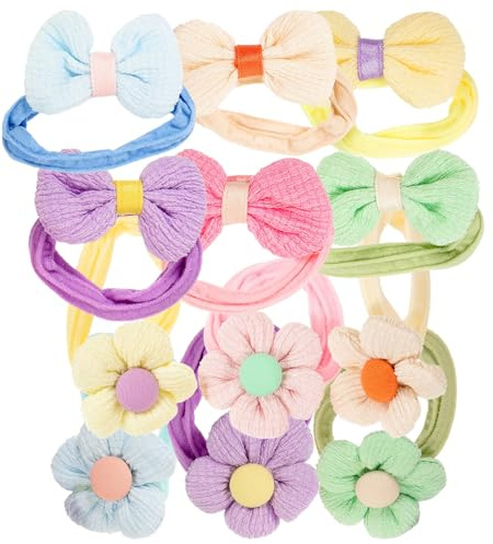 HONITANO 12 Babyhaargummis mit Blumen und Schleife für Babys und Kleinkinder Elastische Kopfhautschonende Haargummis aus Stoff für Dünnes Haar Haarschmuck für Geburtstage und Partys