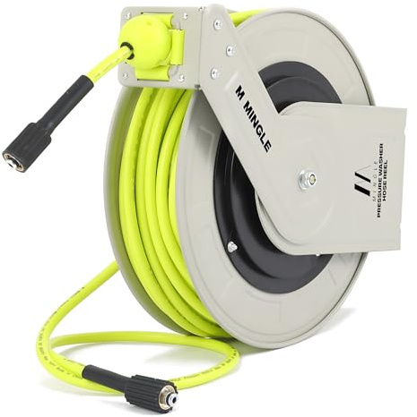 M MINGLE Retractable Pressure Washer Hose Reel, 1/4 × 100ft Heavy Duty Professional Hose Reel, Auto Rewind Power Washer Hose Reel, Wall/Floor Mounted, 3600 PSI
