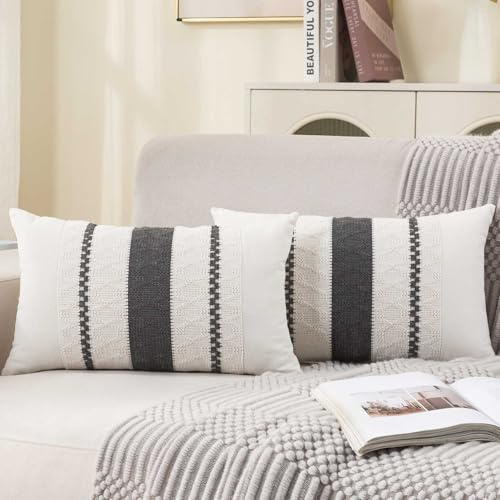 Avalune Fundas Cojines 30x50 Boho Algodón Lino Gris Blanco Funda Cojin Sofa Textura Tejida Bohemia Decorativa Funda de Almohada para Sofá Cama Sala de Estar Dormitorio Jardín