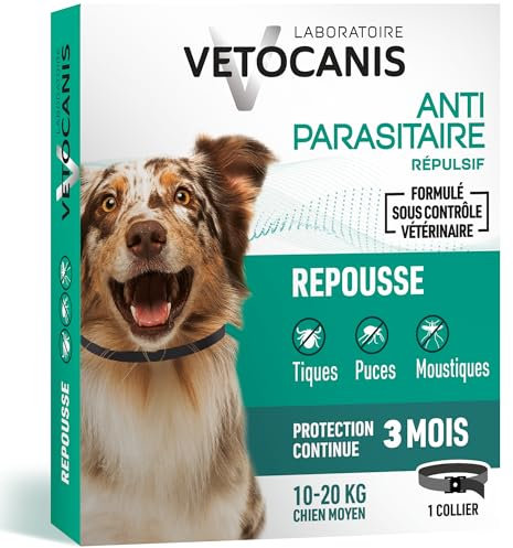 Vetocanis, Collier Anti Puces pour Chien, Répulsif Puces, Tiques, Moustiques, Protection 3 mois, Antiparasitaire Chien de 10 à 20 kg, Aux Extraits de Margosa et Lavandin