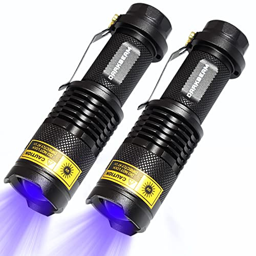 DARKBEAM Linterna UV 365nm led Lámpara de madera Torcia Luz negra Mini de mano ultravioleta Tamaño de bolsillo con clip Detección de ropa para mascotas, Curado de resina, 2 Pack