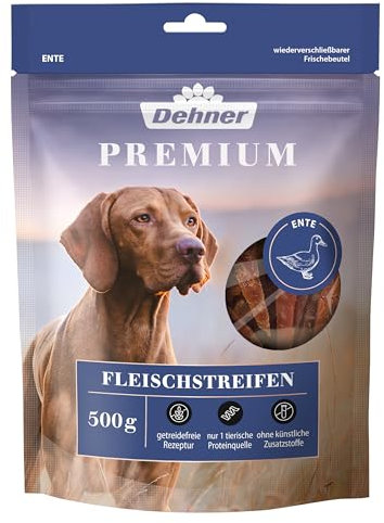 Dehner Premium Hundesnack, Leckerli getreidefrei / fettarm, Kausnack für ausgewachsene Hunde, Entenbrustfilet in Streifen, 500 g