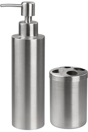 FACKELMANN Seifenspender & Zahnbürstenhalter Tecno, Spender für Flüssigseife aus hochwertigem Edelstahl, Halter für 4 Zahnbürsten, hochwertiger Zahnputzbecher (Farbe: Silber Matt), Menge: 1 x 2er Set