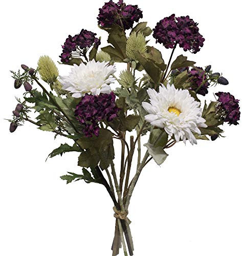 2474U Kunstblumen-Strauß Renate Seidenblumen im Strauß gebunden aus Schneeball, Aster und Edeldistel - Witterungsbeständig - Naturgetreu