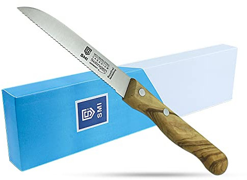 SMI - Solingen Tomatenmesser Wellenschliff Gemüsemesser Olivenholz griff Obstmesser rostfrei Stahl Brotmesser nicht spülmaschinenfest