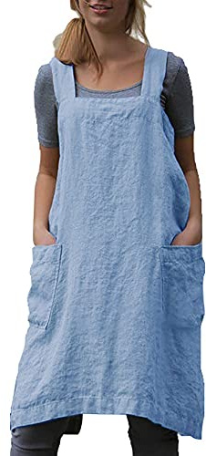 VLZUFE Delantal de lino de algodón para mujer, delantal con espalda cruzada, vestido para hornear, cocinar, jardinería, trabajo
