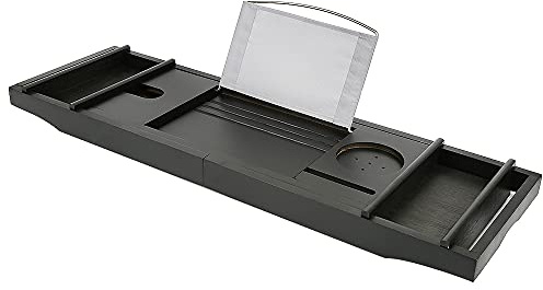 Willonin Badewannenablage, Bambus-Badewannenhalter versenkbar und verstellbar (mit Handtuchkasten) 70-105cm * 23 * 3cm | Verwendet für Badezimmerspeicher (Schwarz)