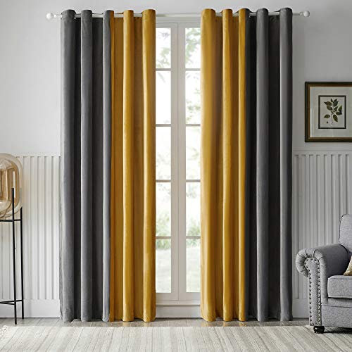 Verdunkelungsvorhang Samt Vorhänge mit Ösen 2 Stücke Thermogardine Ösen Vorhang Schwere Spleißen Verdunkelungsgardinen für Schlafzimmer Wohnzimmer 140x225 cm Grau Zimt