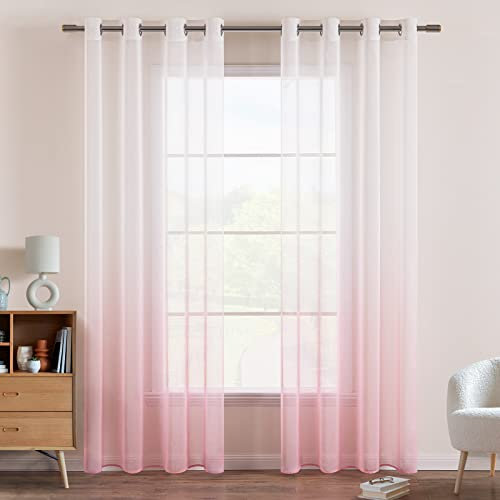 EMEMA Gardinen Transparent Vorhänge Voile Sheer Vorhang mit Ösen Farbverlauf Dekoschal Fensterschal für Schlafzimmer und Wohnzimmer 145 cm x 140 cm(H x B) 2er Set Weiß Rosa