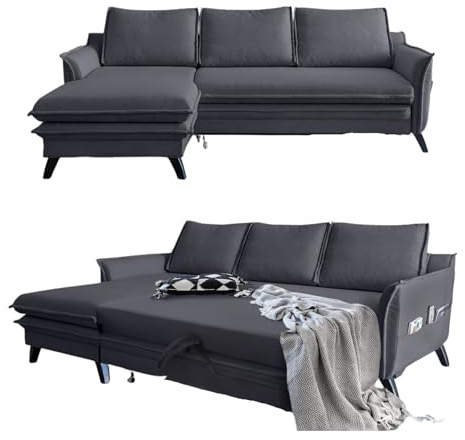 MIUFORM Charming Charlie, 4er Ecksofa mit Schlaffunktion, Links, Anthrazit | Schlafsofa mit Bettkasten und Bettfunktion, 4 Sitzer Sofa L Form, 228x150x90cm, Couch mit Schlaffunktion, Sofa Bed Klappbar